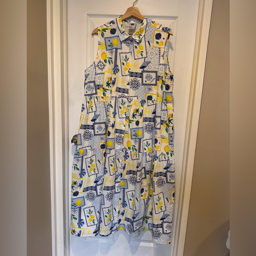 Sleeveless Lemon Print Tiered Midi Dress - Blue, Yellow, White